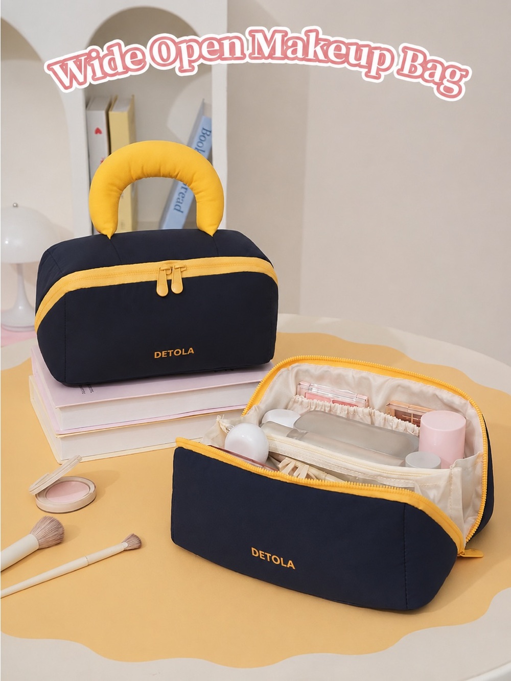 DETOLA Wide Open Makeup Bag Navy Yellow Travel Cosmetic Organizer Waterproof NWT